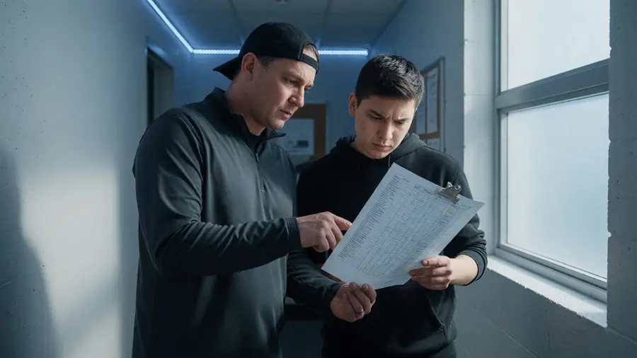 Players reviewing a document at a team table