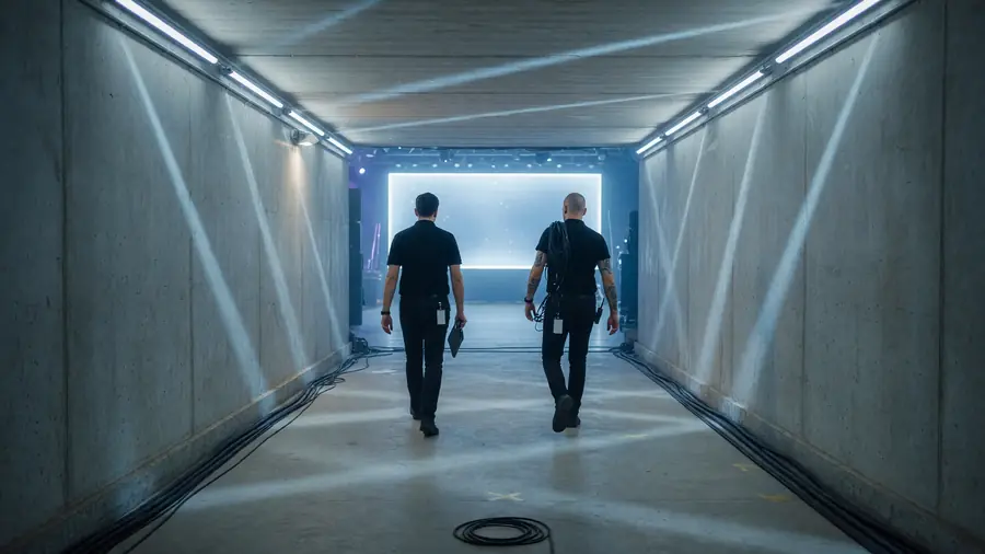 Playoff tunnel leading toward bright stage doors